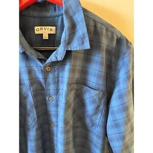 Orvis Shirt Mens XL Blue Plaid Short Sleeve Button Up Classic Outdoor Casual